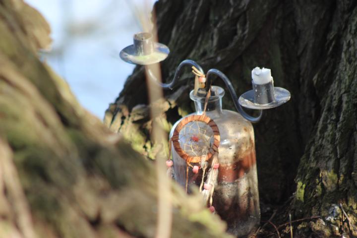Schamanische Ritualkerze zwischen zwei Baumstämmen während einer schamanischen Reise der Stadtschamanin